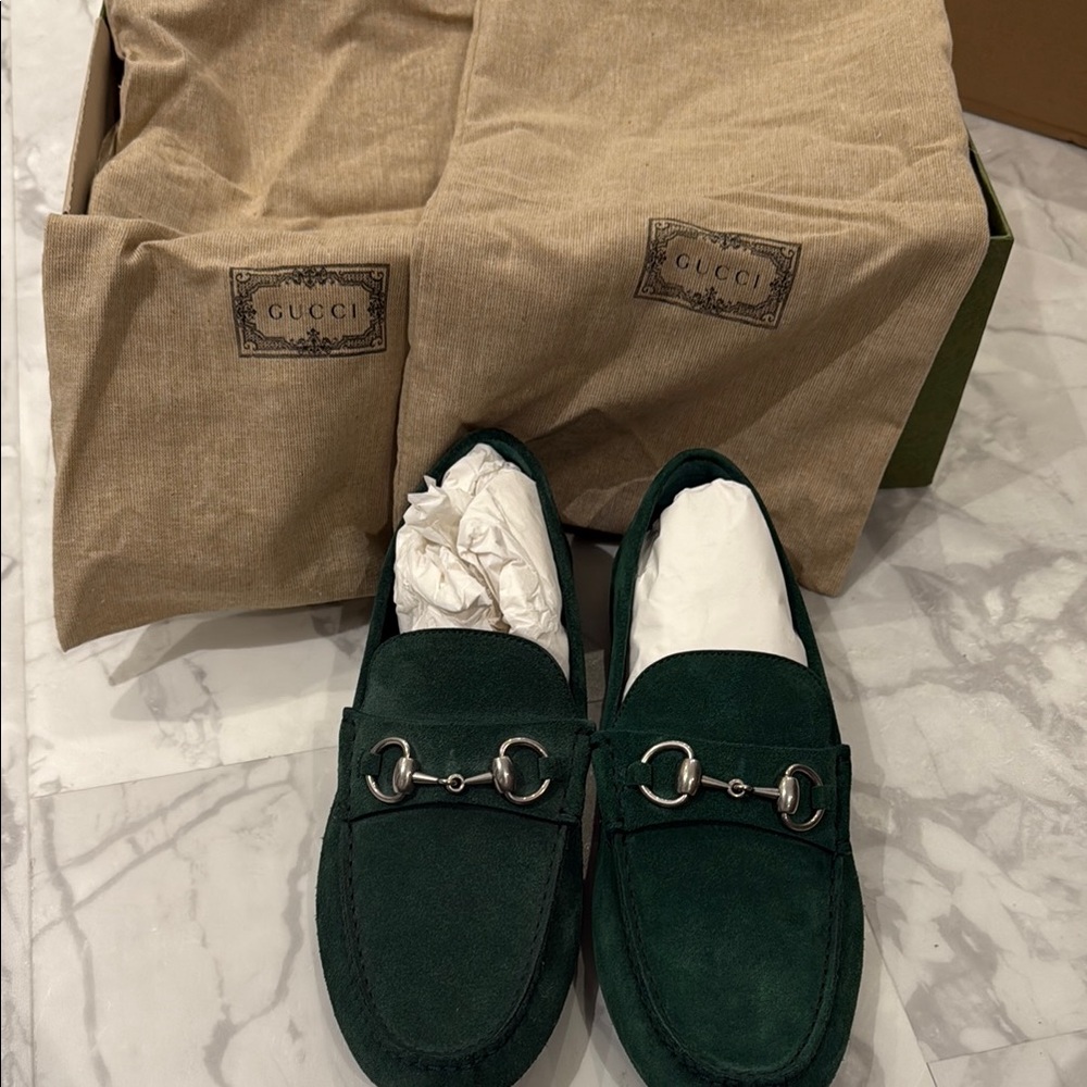 Gucci Men's Dark Green Suede Slip-Ons
